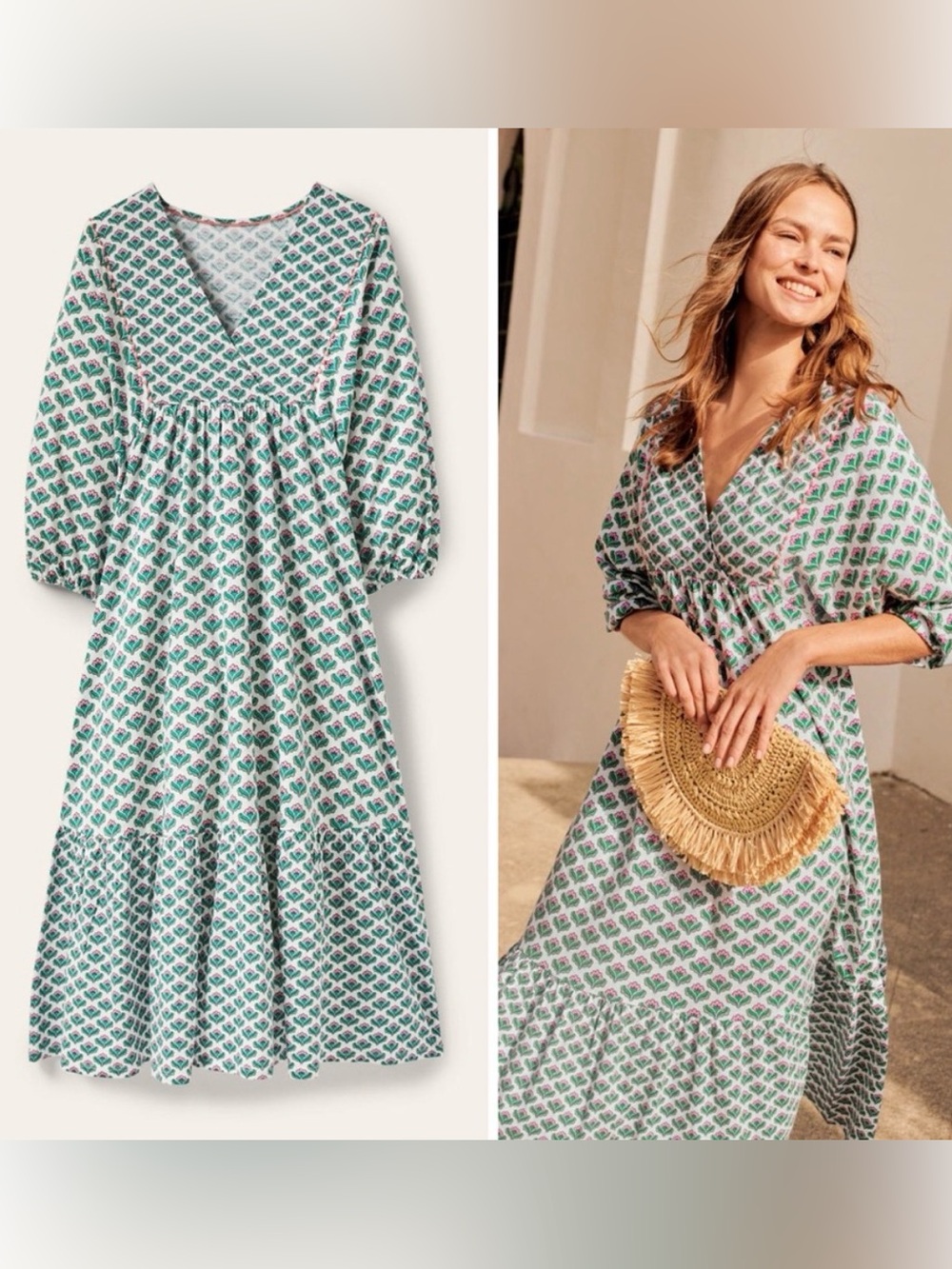 Boden Anita jersey Green and Pink Printed Midi Dress with mini Pom Pom trim